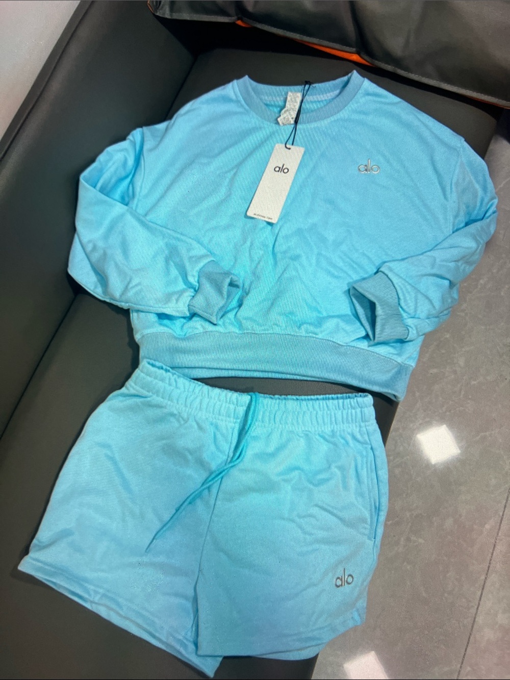 ALO Yoga Light Blue Crew Sweatshirt and Shorts Set